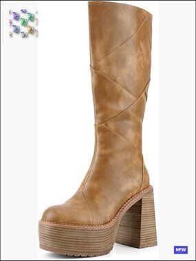 Knee High Platform Chunky Heel Combat Boots Side Zipper Faux Leather Winter